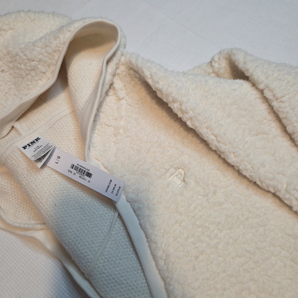 NWT Victoria's Secret PINK Sherpa Hoodie Cream‎ New Large